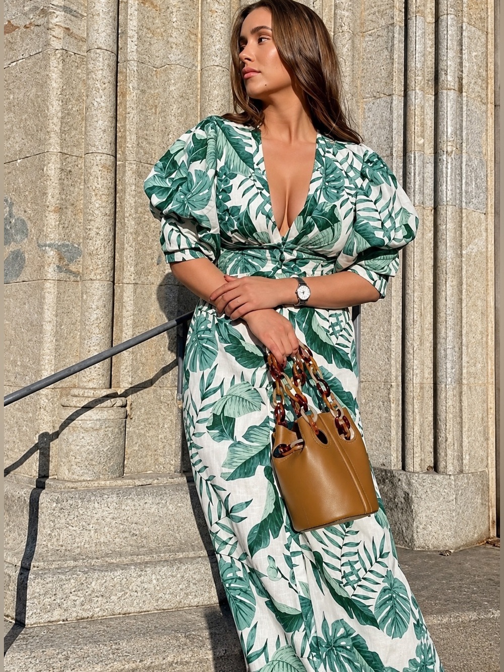 Johanna Ortiz x H&M Palm Leaf Linen Viscose Puff Sleeve Midi Dress Green XS-S